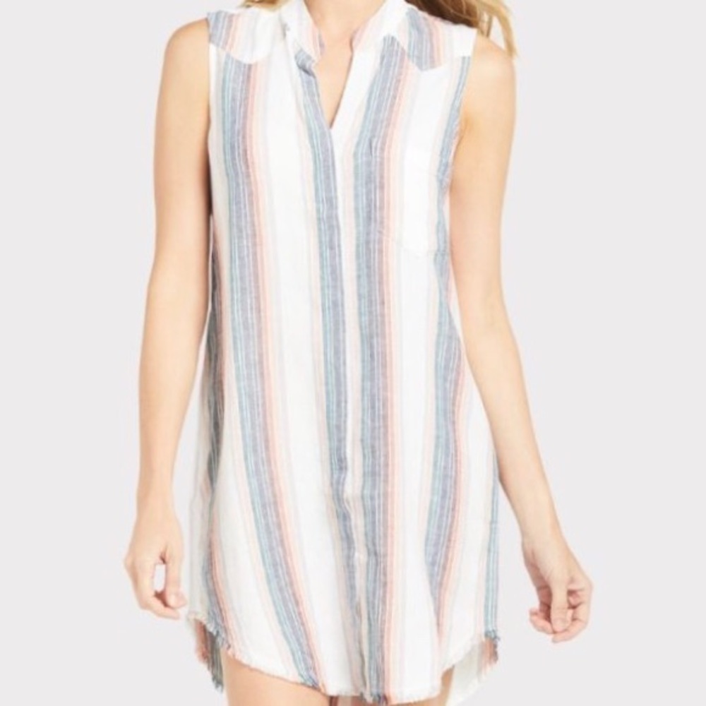 Cloth & Stone Sunburst Striped Fray Hem Sleeveless Button Down Dress Size Small